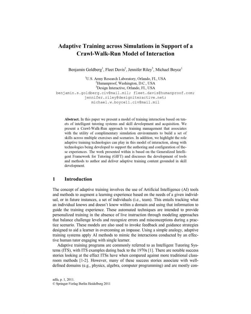Adaptive training across simulations in support of a crawl-walk-run model of interaction thumb