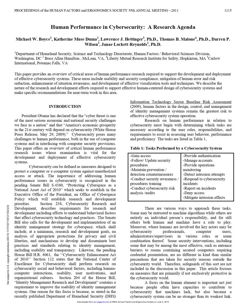 Human performance in cyber security a research agenda