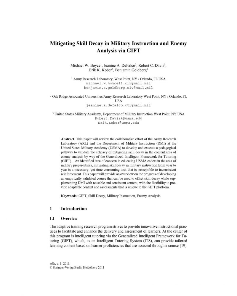Mitigating skill decay in military instruction and enemy analysis via GIFT thumb