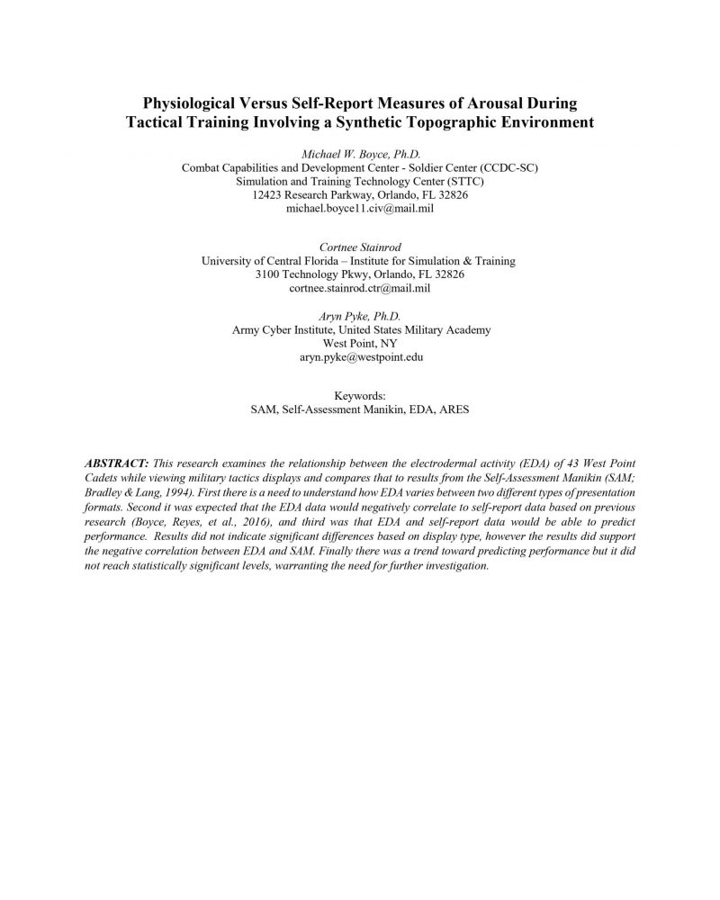 Physiological Versus Self-Report Measures of Arousal During Tactical Training Involving a Synthetic Topographic Environment thumb