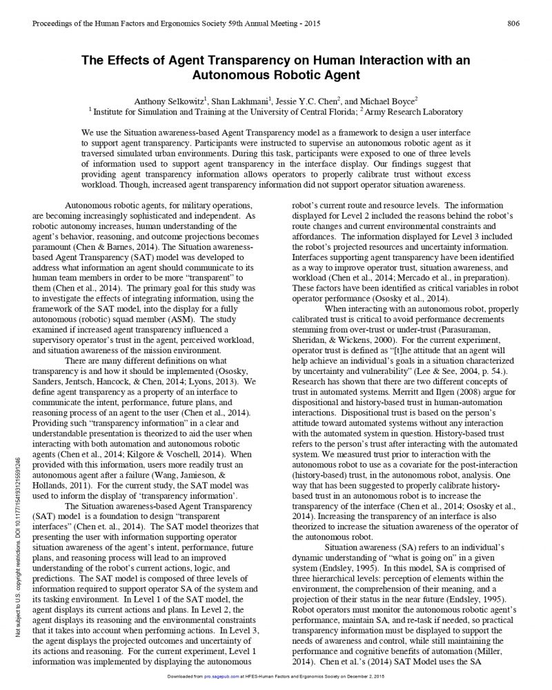 The effects of agent transparency on human interaction with an autonomous robotic agent